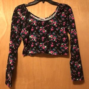 Black Floral Long Sleeve Crop Top